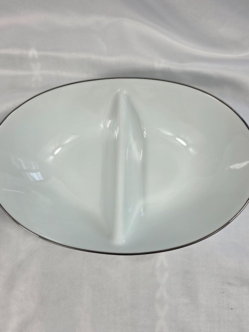 Noritake Colony 10 inch Oval Divided Serving Bowl White with Platinum Trim
